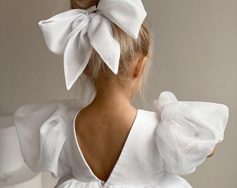 Weißes Organzakleid, weißes Blumenmädchenkleid, Kleid zum ersten Geburtstag, elfenbeinfarbenes Mädchenkleid, Prinzessinnenkleid, Kleinkind-Partykleid, Kostümmädchen