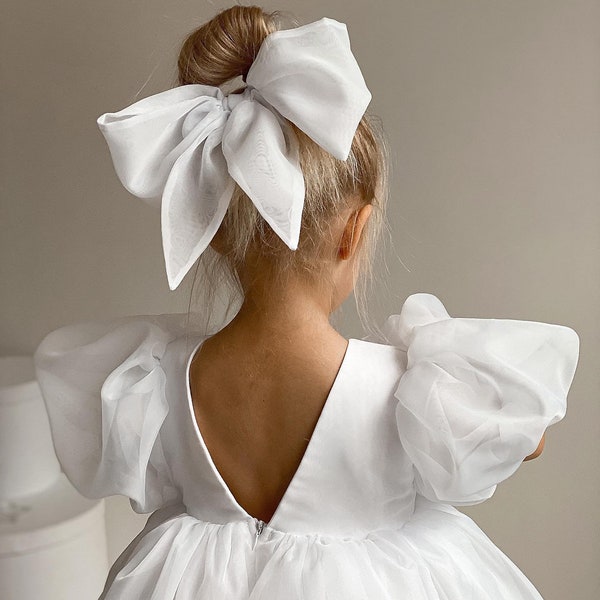 Robe en organza blanche, robe de fille de fleur blanche, robe de premier anniversaire, robe de fille ivoire, robe de princesse, robe de soirée pour tout-petit, déguisement fille