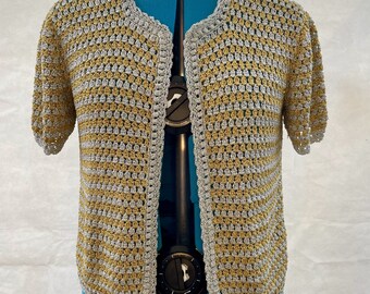 Stunning silver and gold Lurex yarn crotchet bolero style evening jacket - size 10