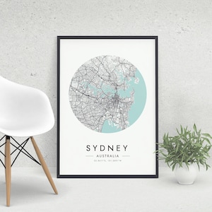 Impresión de mapa de Sydney, póster de arte de mapa de la ciudad de Sydney, Australia, arte de pared imprimible minimalista, regalo de viaje personalizado, DESCARGA DIGITAL