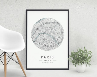 Paris City Map Art Print: Minimalist Black, Grey & Blue (Digital Download)