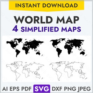 Carte du monde simple SVG, vecteur de carte du monde silhouette, forme des cliparts carte du monde décrite en png, dxf, eps, ai, jpeg, fichier pour graver l'impression laser