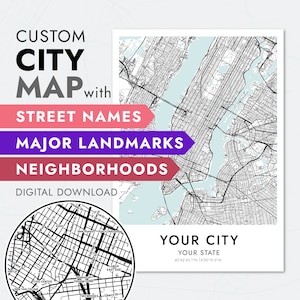 Mapa personalizado de su ciudad, póster del mapa de la ciudad con nombres de calles, lugares emblemáticos y vecindarios, regalo de póster de mapa personalizado, mapa de la ciudad imprimible