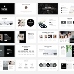 - Title Slides,
- Welcome Message,
- Big Quote,
- Table of Content,
- How We Are,
- Company Goals,
- Core Values,
- About the Team,
- Organization Chart
- Company History,
- Services We Provide,