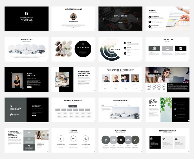 - Title Slides,
- Welcome Message,
- Big Quote,
- Table of Content,
- How We Are,
- Company Goals,
- Core Values,
- About the Team,
- Organization Chart
- Company History,
- Services We Provide,