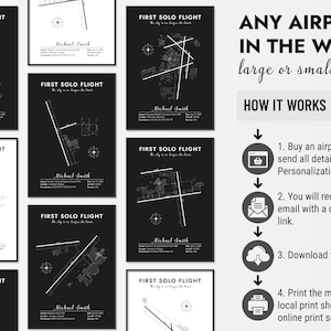Custom flight maps for various airports, Personalized aviation map options by airport, Collection of printable solo flight maps, First solo flight map templates for different runways, Multiple custom airport maps for pilots