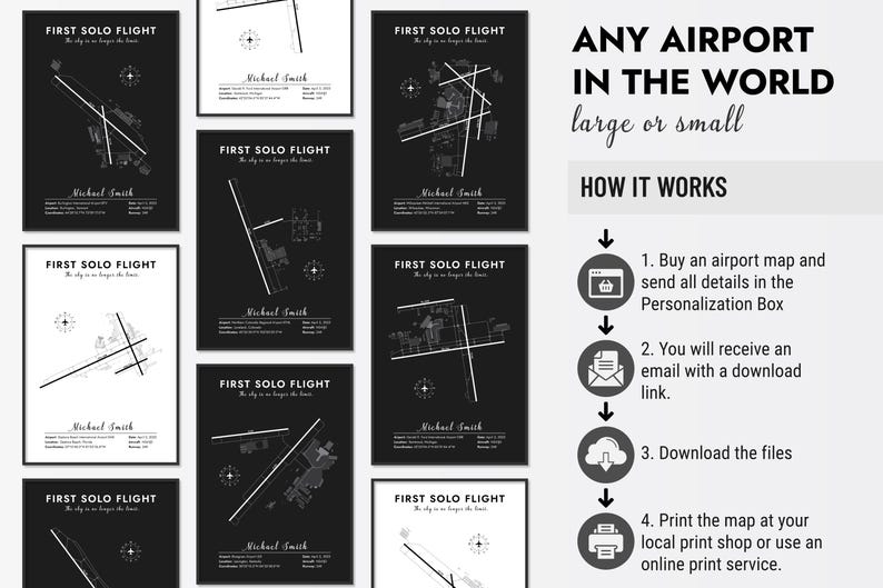 Custom flight maps for various airports, Personalized aviation map options by airport, Collection of printable solo flight maps, First solo flight map templates for different runways, Multiple custom airport maps for pilots