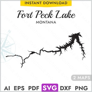 Puede incluir: Mapa de contorno en blanco y negro de Fort Peck Lake en Montana. El mapa muestra la forma del lago con sus numerosas entradas y calas. El texto "INSTANT DOWNLOAD" está en amarillo en la parte superior de la imagen. El texto "Fort Peck Lake" está en fuente cursiva negra. El texto "MONTANA" está en fuente sans-serif negra. El texto "2 MAPS" está en fuente sans-serif negra. El texto "AI EPS PDF SVG DXF PNG" está en fuente sans-serif negra.