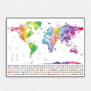 Aquarell Weltkarte Poster Mittlere Größe Bunte und moderne druckbare Weltkarte mit Flaggen für die Wanddekoration Kinderzimmer, Verfolgen Sie Ihre Abenteuer