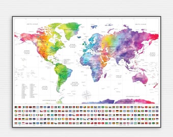 Watercolor World Map with Country Flags: Kids Room Decor (Digital Download)