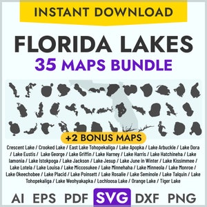 Florida Lakes SVG-kaartenbundel, 35 meerkaarten overzicht vectorvorm meerkaart lasersnijden gravure Cricut, Glowforge, Canva, CNC, pdf dxf png
