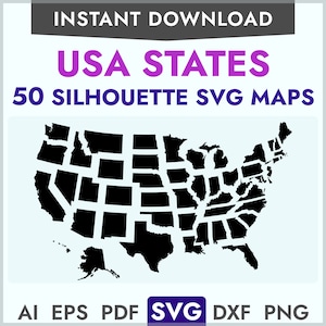 Eenvoudige VS staten silhouet SVG-kaarten, 50 staten kaart vorm clipart, staat geschetst in svg, png, dxf, eps, ai, jpeg, voor lasergravure graveren