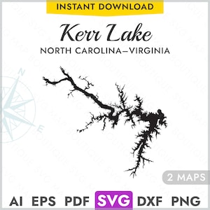 May include: Black and white outline map of Kerr Lake, located in North Carolina and Virginia. The map includes the text "Kerr Lake" and "NORTH CAROLINA-VIRGINIA". The text "2 MAPS" is also included in the image.