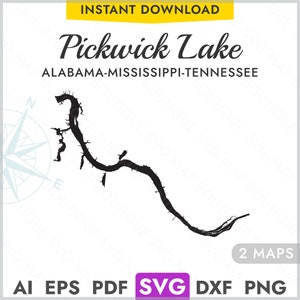 Pickwick Lake Alabama, Mississippi, Tennessee SVG kaart vorm silhouet, vector Lake kaart lasersnijden gravure Cricut, Glowforge, dxf, png
