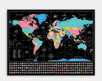 Dark World Map Poster: Modern Travel Art with Country Flags (Digital Download)