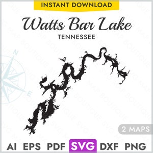 May include: Black and white outline map of Watts Bar Lake in Tennessee. The map shows the shape of the lake with all its inlets and coves. The text "Watts Bar Lake" and "Tennessee" are written above the map.