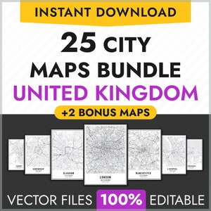 25 UK City Maps Bundle, bearbeitbare Vektor Stadtkarten, individuell druckbare Karte Poster, City Street Karten, PDF, London, Manchester, Manchester, Leeds