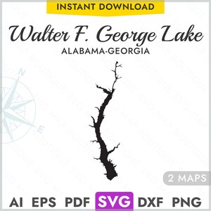Walter F. George Lake Alabama, Georgia SVG kaart vorm silhouet, vector Lake kaart lasersnijden gravure Cricut, Glowforge, pdf, dxf eps png