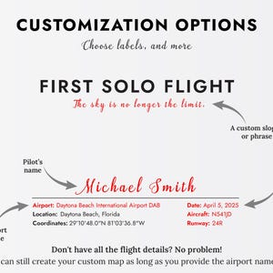 K&ouml;nnte beinhalten: Ein anpassbarer Druck mit dem Text &bdquo;ANPASSUNGSOPTIONEN&ldquo; und &bdquo;ERSTER ALLEINFLUG&ldquo;. Das Design umfasst den Namen des Piloten, Flughafendetails, Datum, Flugzeuginformationen und eine Option f&uuml;r einen individuellen Slogan. Der Hintergrund ist hellgrau.