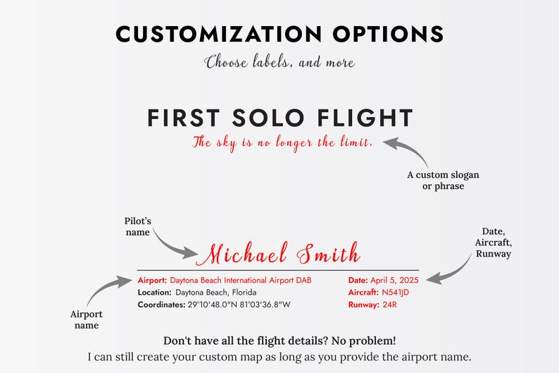K&ouml;nnte beinhalten: Ein anpassbarer Druck mit dem Text &bdquo;ANPASSUNGSOPTIONEN&ldquo; und &bdquo;ERSTER ALLEINFLUG&ldquo;. Das Design umfasst den Namen des Piloten, Flughafendetails, Datum, Flugzeuginformationen und eine Option f&uuml;r einen individuellen Slogan. Der Hintergrund ist hellgrau.