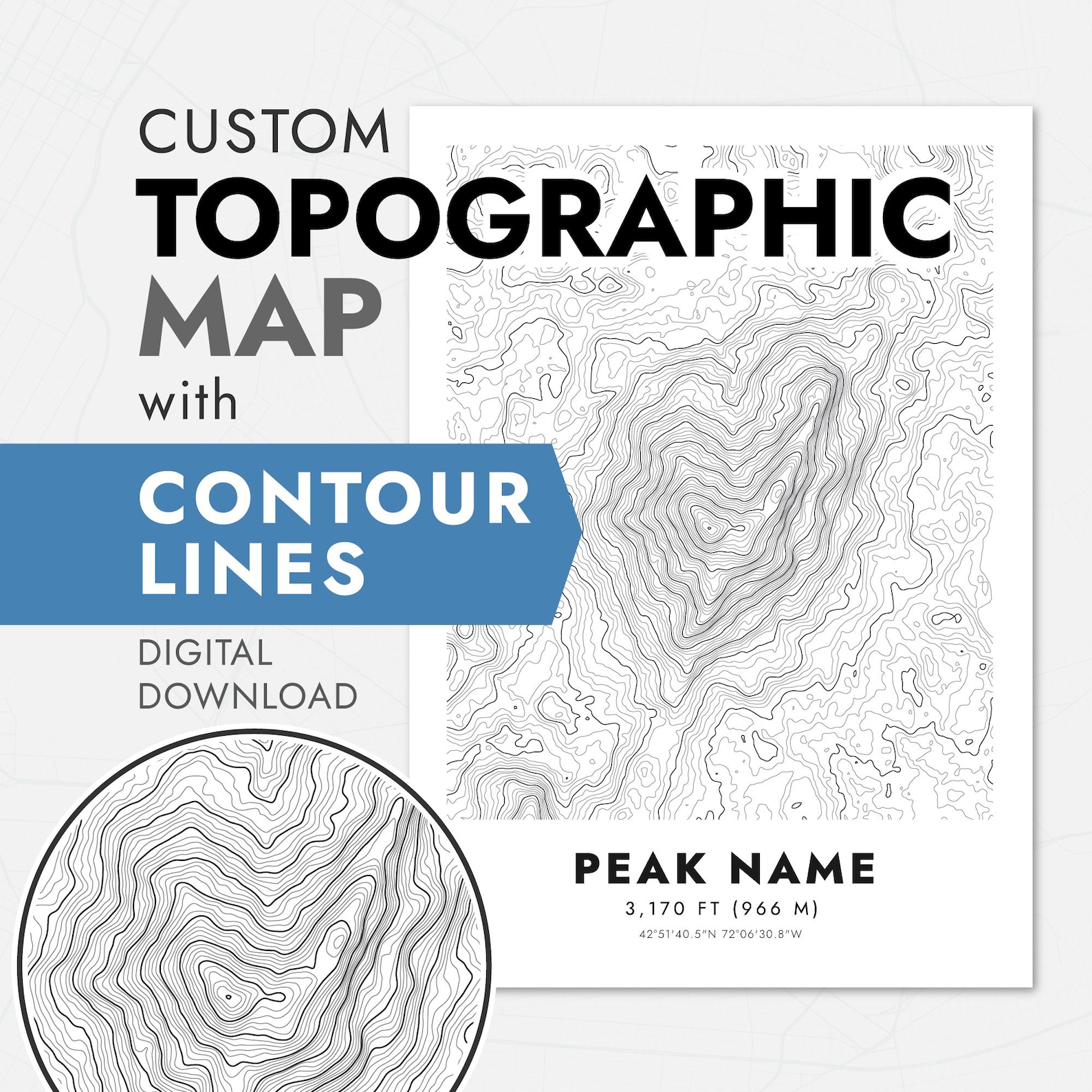 Custom Mountain Contour Map: Topographic Lines Art Print (digital ...