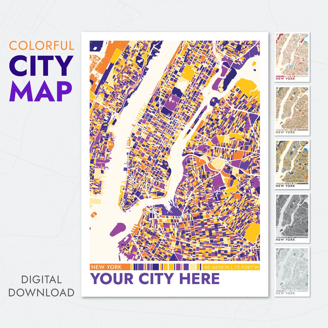 City Map Colorful Print Wall Art, Personalized City Map Gift, Vintage ...