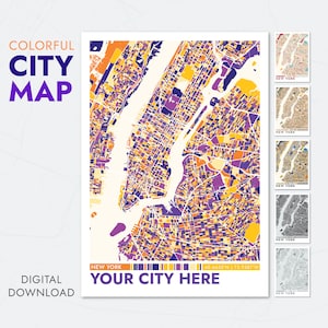 Arte de parede colorida com mapa da cidade, presente personalizado com mapa da cidade, impressão de mapa de decoração vintage, pôster vívido da cidade, impressão de mapa da cidade natal, arquivo digital