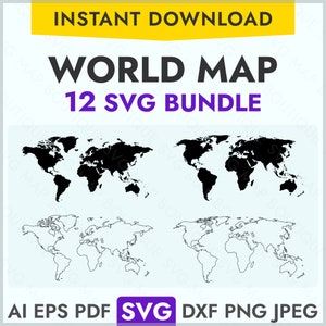 Weltkarte SVG Clipart Silhouette Weltkarte Vektor-Bundle, umrissene Weltkartenform in png, dxf, eps, ai, jpeg, Datei für die Gravur mit dem Laserdruck