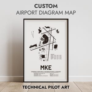 Könnte beinhalten: Schwarz-Weiß-Druck einer individuellen Flughafenplan-Karte des General Mitchell International Airport (MKE) in Milwaukee, WI. Der Druck enthält Informationen zu den Start- und Landebahnen und Flughafendetails, gerahmt in einem schwarzen Rahmen. Der Text "CUSTOM AIRPORT DIAGRAM MAP" steht oben.