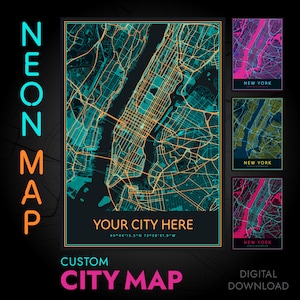 Mapa da cidade de néon personalizado impressão arte da parede cyber punk mapa da cidade presente colorido decoração do quarto do jogador mapa impressão cartaz mapa da cidade para presente do jogador, qualquer cidade!
