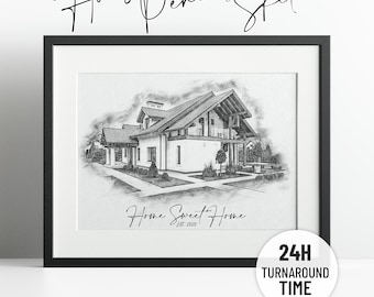Retrato personalizado de una casa: Boceto detallado a lápiz a partir de una fotografía (Descarga digital)