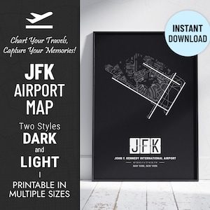 Internationale luchthaven John F. Kennedy | JFK-luchthavenkaart | New York, New York | Afdrukbare kaart | Reisposter | Pilootcadeau | Directe download