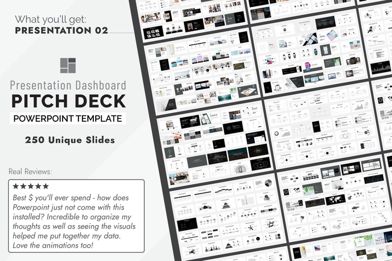May include: A presentation template for PowerPoint with 250 unique slides. The template is called "Pitch Deck" and is designed for business presentations. The image shows a collage of different slides from the template, including charts, graphs, and images.