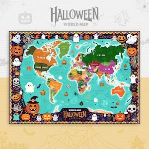 Weltkarte Poster Halloween Thema, personalisierte Weltkarte mit gruseligem Halloween Thema, einzigartiges Geschenk für Lehrer, Klassenzimmer oder Schlafzimmer Karte