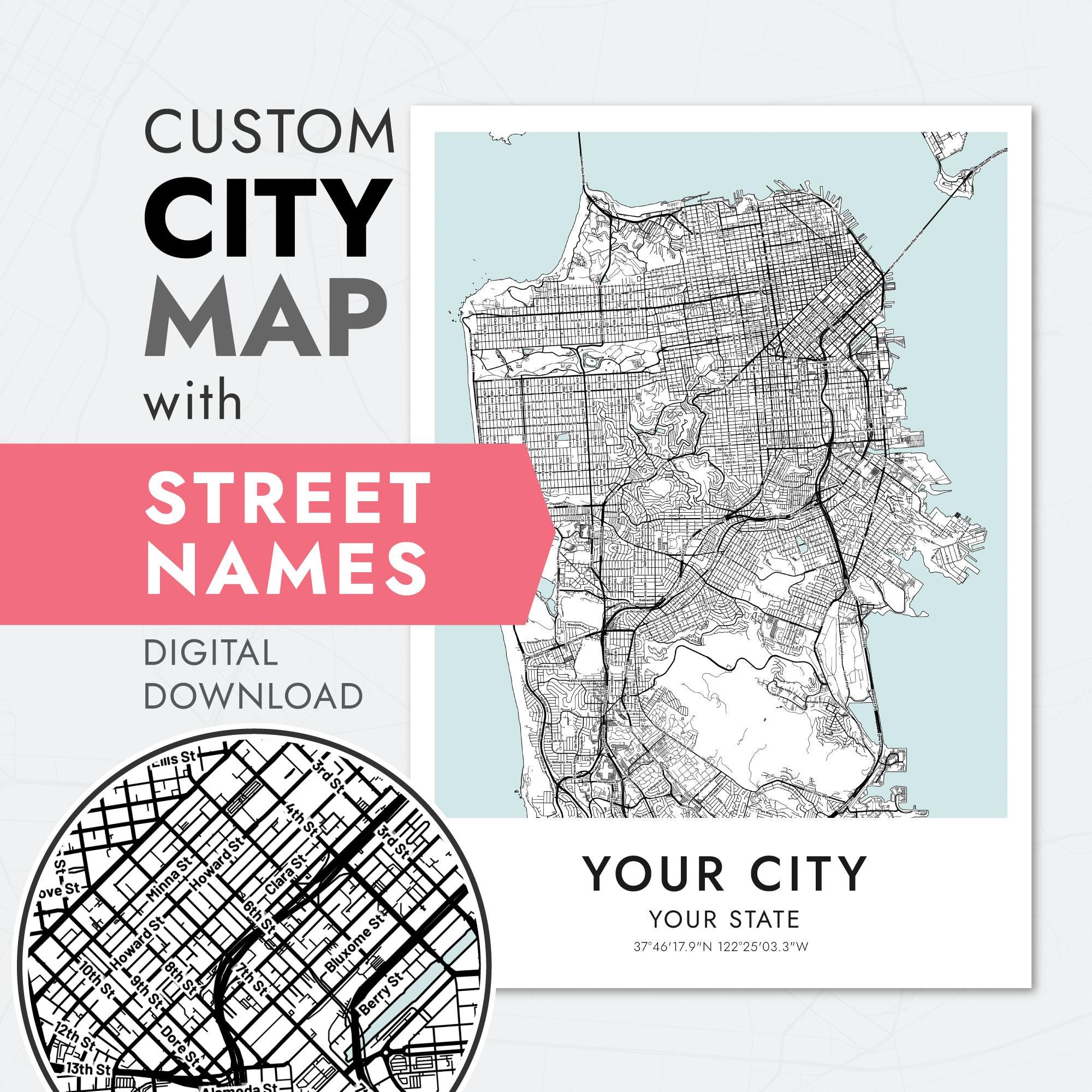 Custom City Map Prints With Street Names, City Map Poster With Street ...