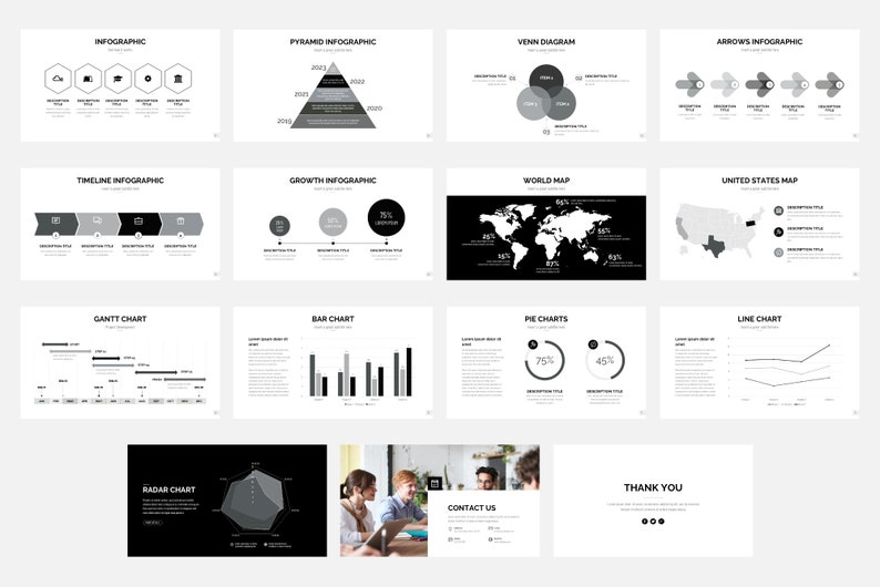 - Venn Diagram,
- Timeline,
- Growth Infographic,
- Editable World Map,
- Editable USA Map,
- Gantt Chart,
- Data Driven Charts,
- Contact Us,
- Thank You Slide.