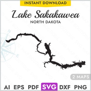 Lake Sakakawea North Dakota SVG Map Shape Silhouette, Vector Lake Map Laser Cutting Engraving Cricut, Glowforge, CNC, pdf, dxf, eps, png