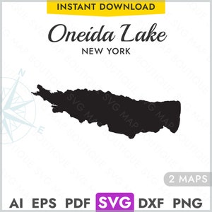 Oneida Lake Nueva York SVG Mapa Forma Silueta, Vector Lake Mapa Corte Láser Grabado Cricut, Glowforge, CNC, pdf, dxf, eps, png