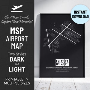 May include: A black and white airport map print of the Minneapolis-Saint Paul International Airport (MSP) with the airport code "MSP" in white text. The print is framed in a black frame and has the airport's coordinates and location in white text below the airport code.