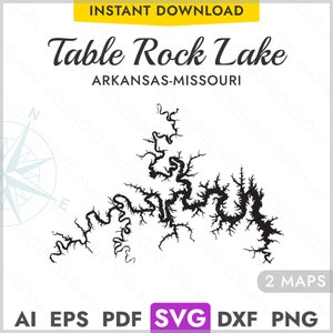 Tisch Rock Lake Arkansas, Missouri SVG Kartenform Silhouette, Vektor Seekarte Laserschneiden Gravur Gravur Cricut, Glowforge, CNC, pdf, dxf, png