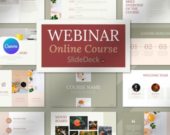 Könnte beinhalten: Eine Folienvorlage für einen Online-Kurs oder ein Webinar. Die Vorlage verfügt über ein rot-weißes Farbschema mit grünem Hintergrund. Der Text "Webinar Online-Kurs Folienset v2" wird in einer großen Schriftart angezeigt. Die Vorlage enthält Folien für die Kursübersicht, eine kurze Übersicht über den Kurs, E-Kursmodule, das Willkommens-Team, ein Moodboard und den Kursnamen.