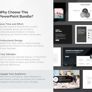 May include: A black and white PowerPoint presentation template bundle with a mountain range image, a Venn diagram, a business planning chart, a corporate business plan, and an infographic. The text "Why Choose This PowerPoint Bundle?" is at the top of the image.