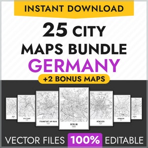 25 Deutschland Stadtkarten Bundle, editierbare Vektor Stadtkarten, individuell druckbare Karte Poster, Stadt Straßenkarten, PDF, Berlin, München, Köln