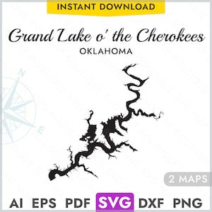 Grand Lake o' the Cherokees Oklahoma SVG carte forme Silhouette, vecteur lac carte découpe laser gravure Cricut, Glowforge, pdf, dxf, eps, png
