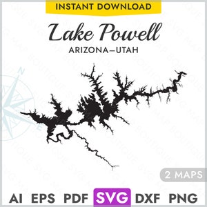 May include: Black and white silhouette map of Lake Powell, located in Arizona and Utah. The map shows the outline of the lake with its many inlets and coves. The text "INSTANT DOWNLOAD" and "2 MAPS" are also visible.