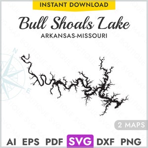 Bull Shoals Lake Arkansas, Missouri SVG kaart vorm silhouet, vector Lake kaart lasersnijden gravure Cricut, Glowforge, pdf, dxf, eps, png