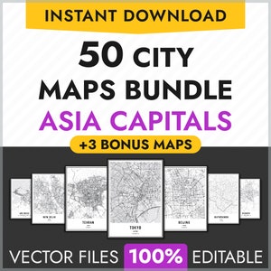50 Asien Hauptstadt Karten Bundle, bearbeitbare Vektor Stadtkarten, individuell druckbare Karte Poster, Stadt Straßenkarten, PDF, Tokio, Peking, Jakarta