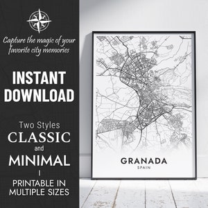 Impression de la carte de Grenade | Carte de la ville de Grenade, Espagne | Poster personnalisé | Carte imprimable | Cadeau personnalisé | TÉLÉCHARGEMENT NUMÉRIQUE INSTANTANÉ