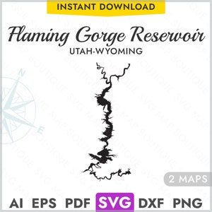 Réservoir de Flaming Gorge, Utah, Wyoming SVG carte forme Silhouette, vecteur lac carte découpe laser gravure Cricut, Glowforge, CNC, png, dxf