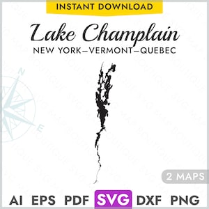 Lake Champlain New York–Vermont SVG Karte Form Silhouette, Vektor See Karte Laserschneiden Gravur Gravur Cricut, Glowforge, CNC, pdf, dxf, eps, png
